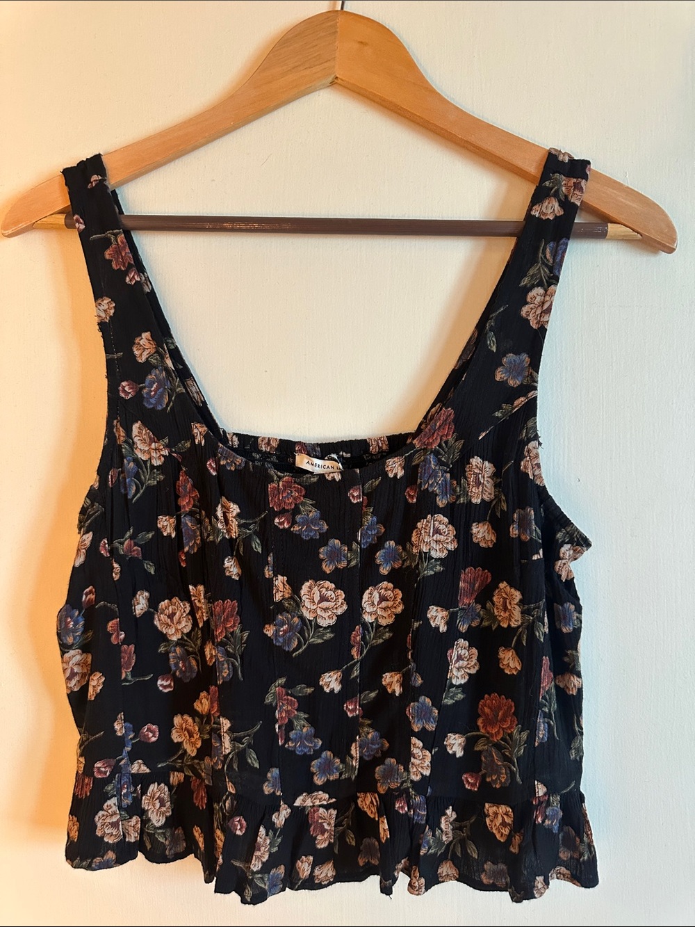American Eagle Outfitters Black Floral Ruffle-Hem Tank